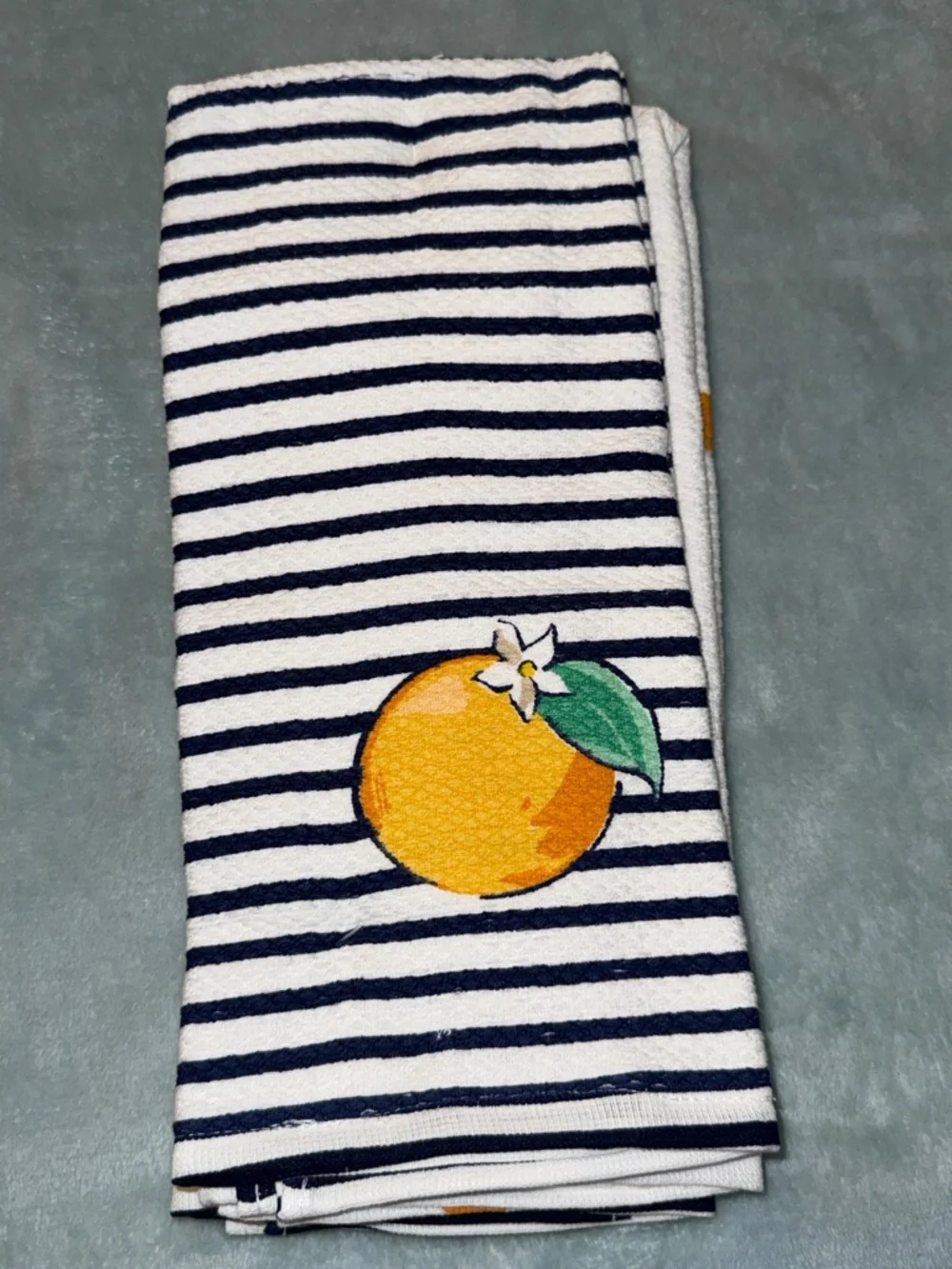 kate spade Navy & White Striped Kitchen Towel with Orange Motif